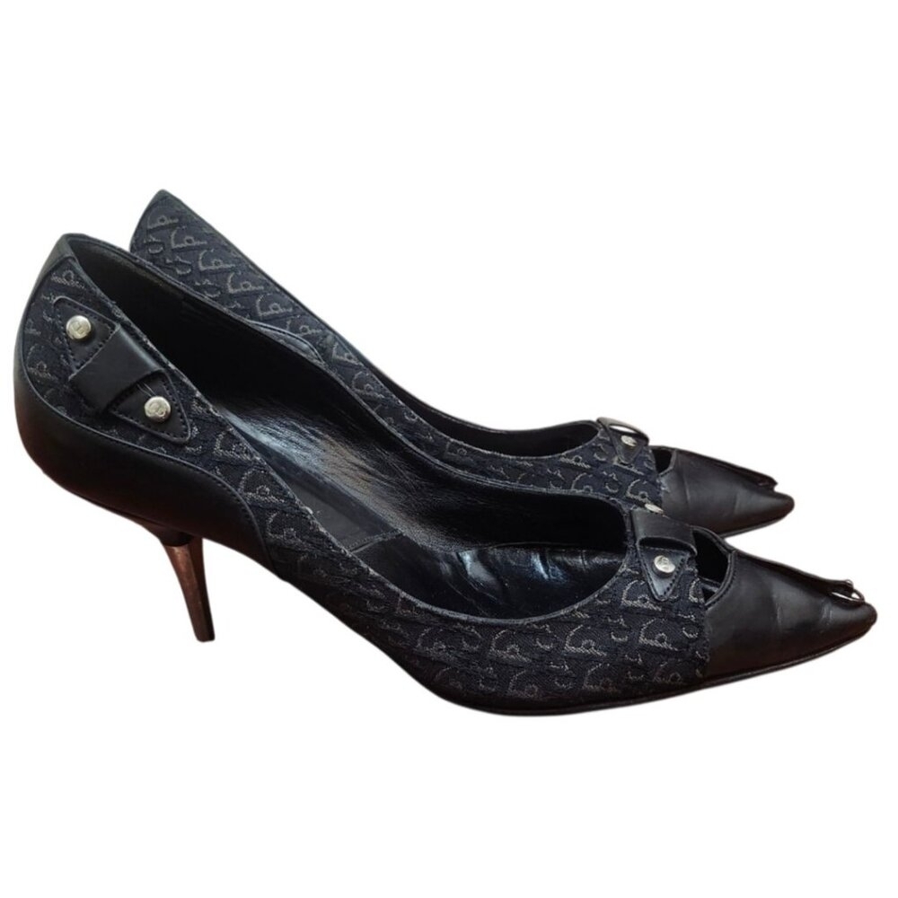 Christian Dior Monogram Heels 36 Black Logo Canvas Leather Pointed Toe Pumps - Picture 5 of 14